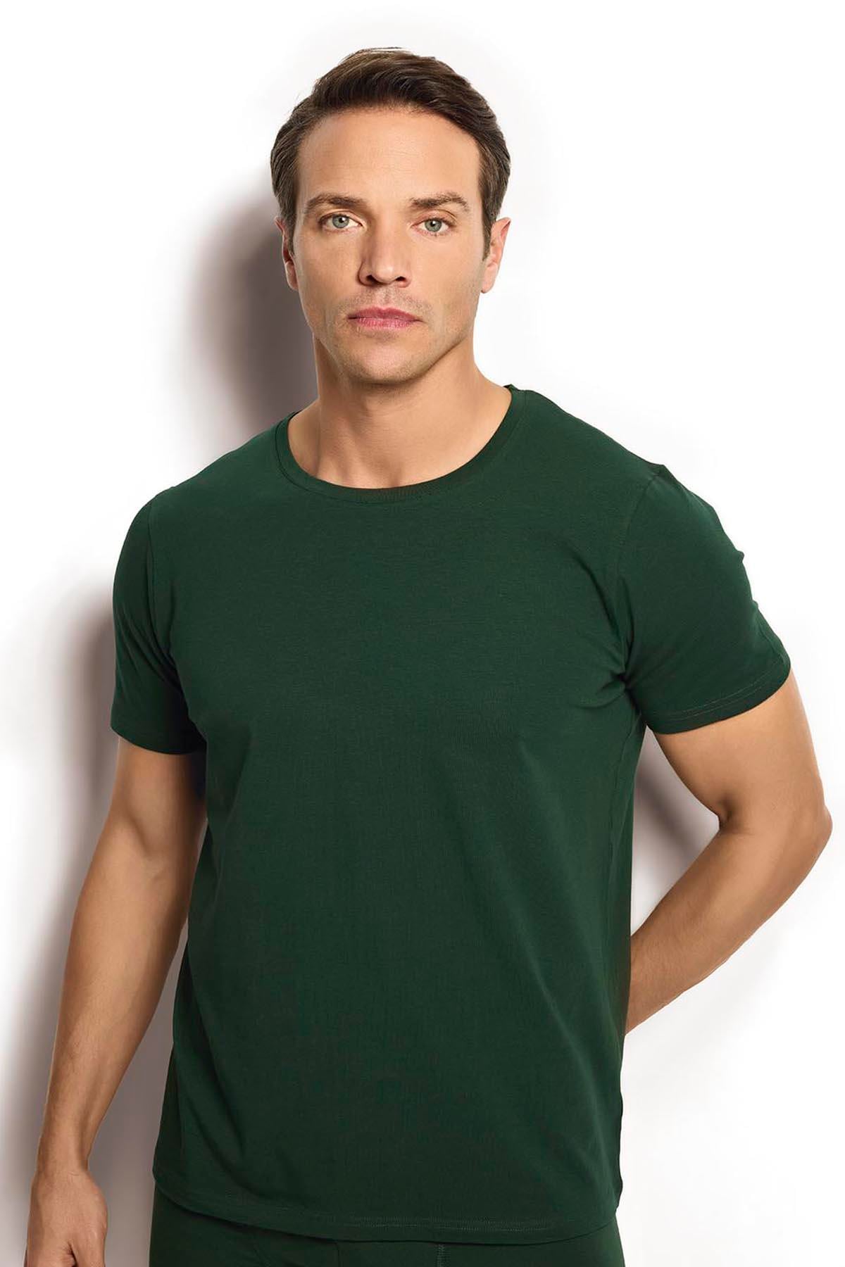 Erkek Yeşil Pamuklu Likralı T-Shirt 133