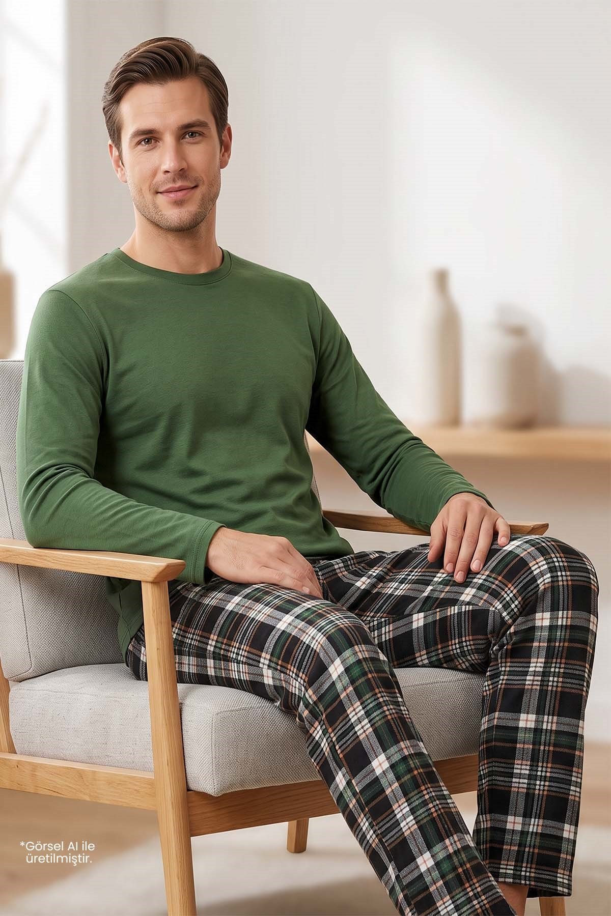 Erkek Yeşil Uzun Kollu Pijama Takımı