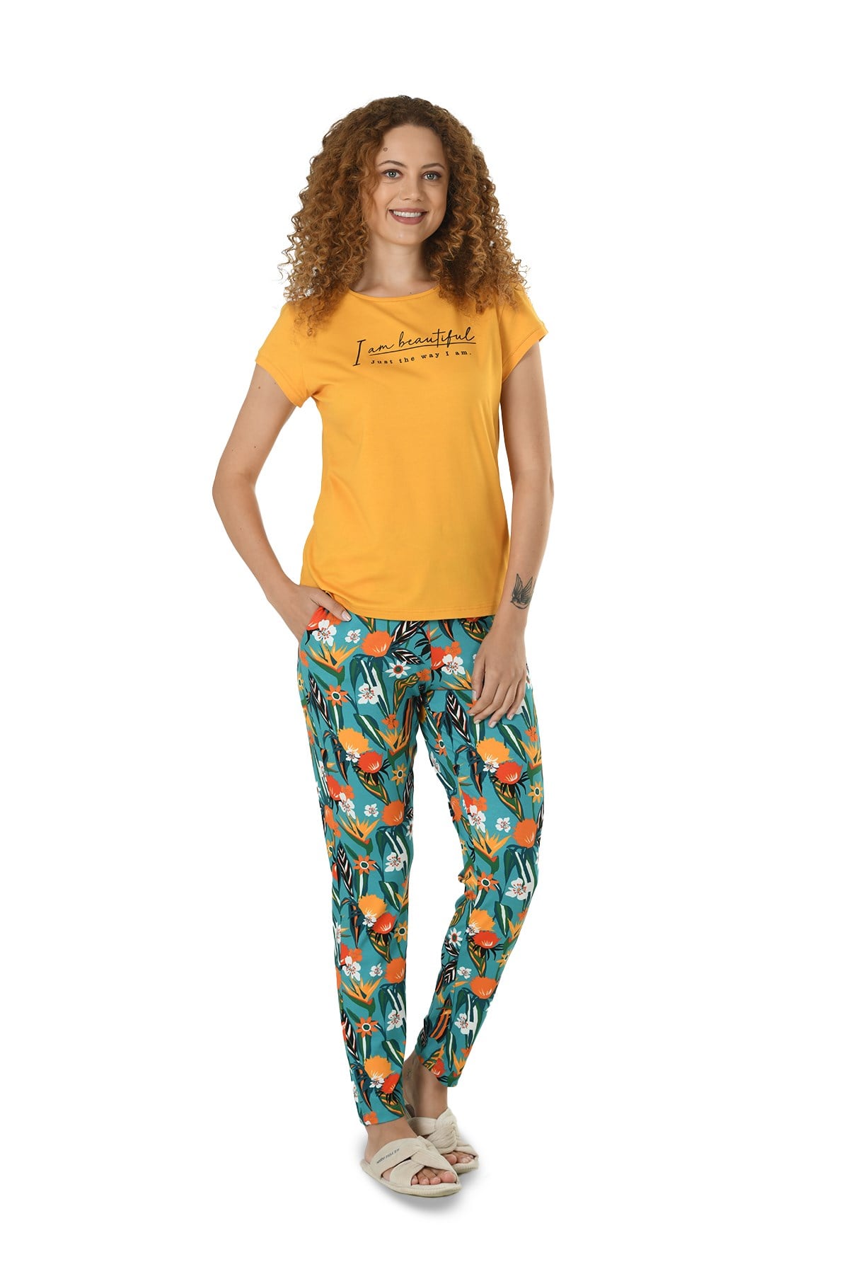 Kadın Hardal Dijital Baskılı Yarım Kol Viskon Pijama Takımı 10125