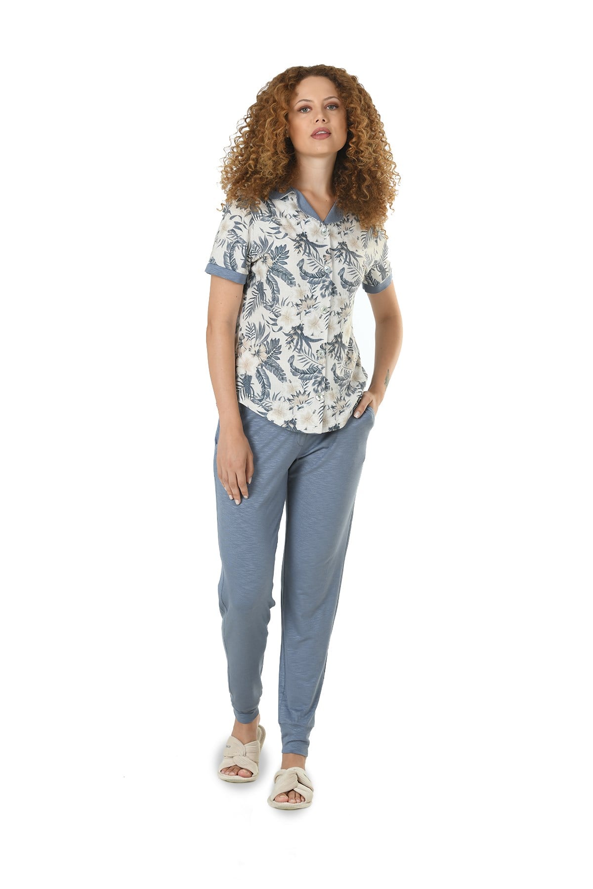 Kadın İndigo Baskılı Çeket Yaka Düğmeli Flamlı Pijama Takımı 10118