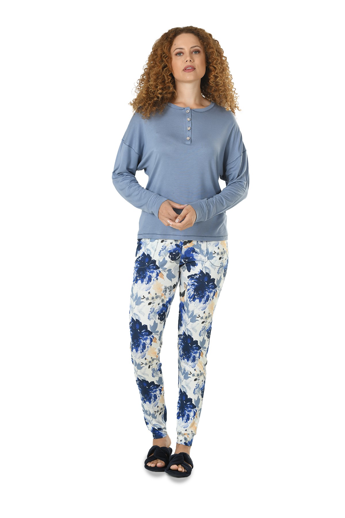 Kadın İndigo Uzun Kol Patlı Baskılı Viskon Pijama Takımı 10133