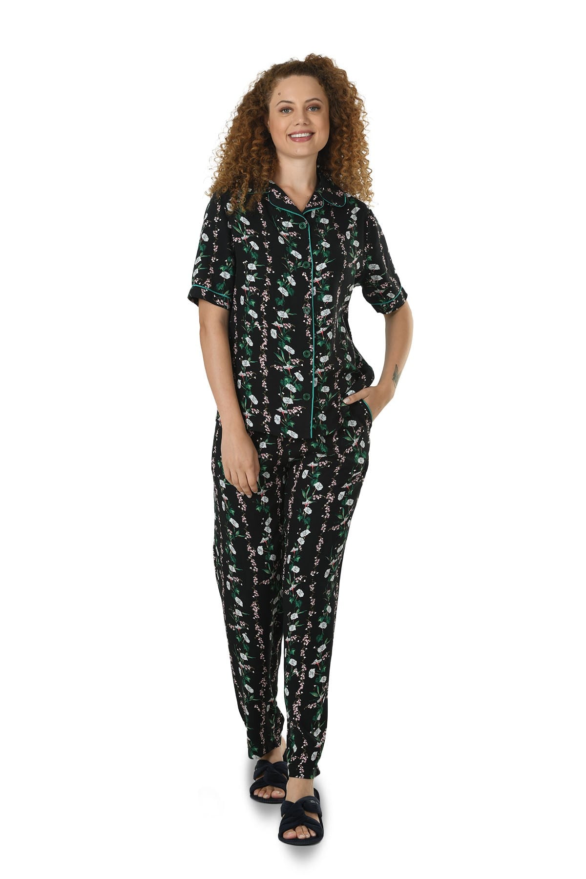 Kadın Siyah Dokuma Düğmeli Ceket Yaka Pijama Takımı 10136
