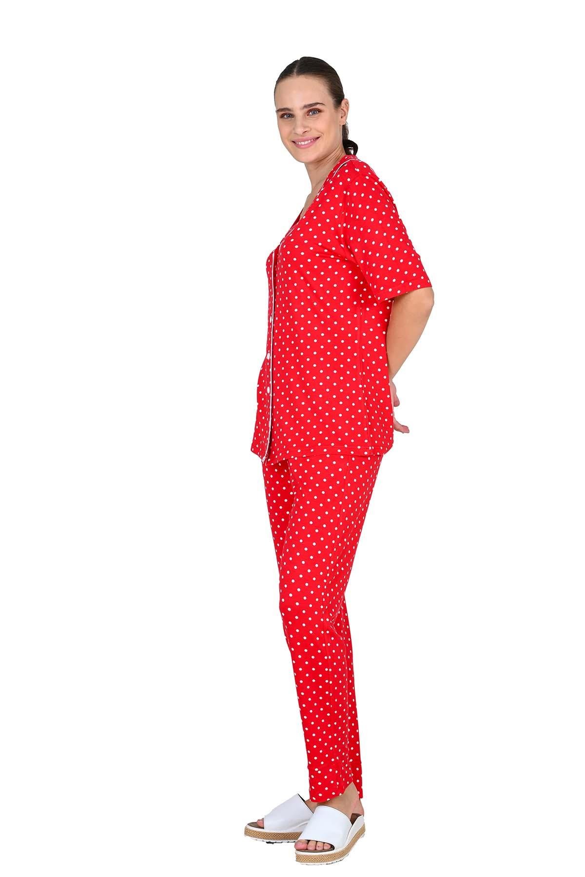 Kadın Viskoz Düğmeli Kırmızı Pijama Takımı 10214 