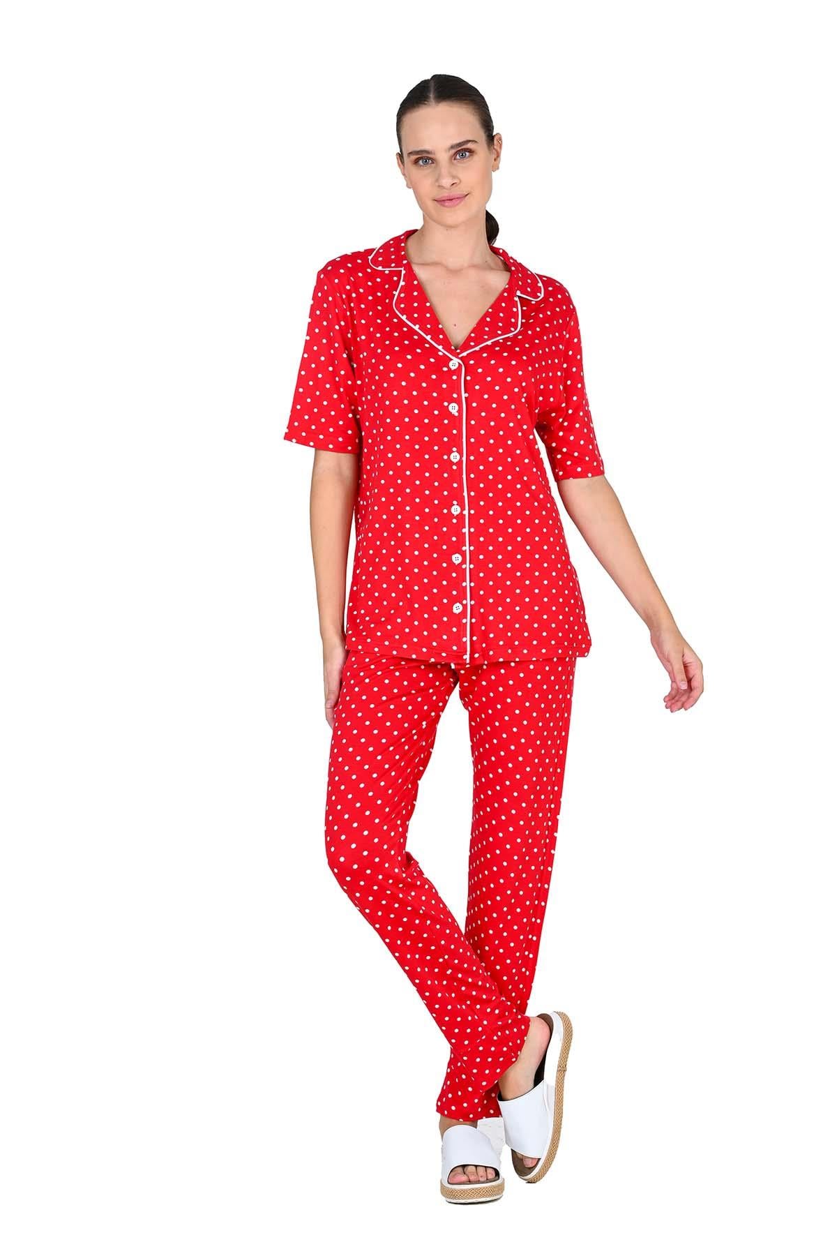 Kadın Viskoz Düğmeli Kırmızı Pijama Takımı 10214 