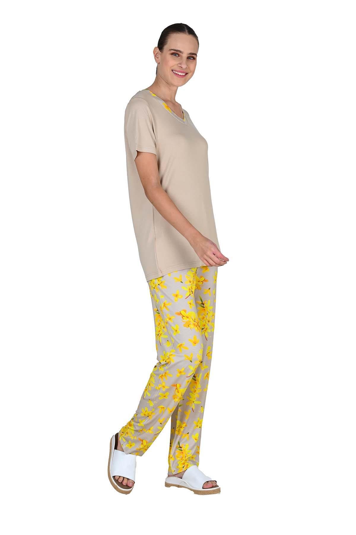 Kadın Viskoz Kısa Kol Bej Pijama Takımı 10206