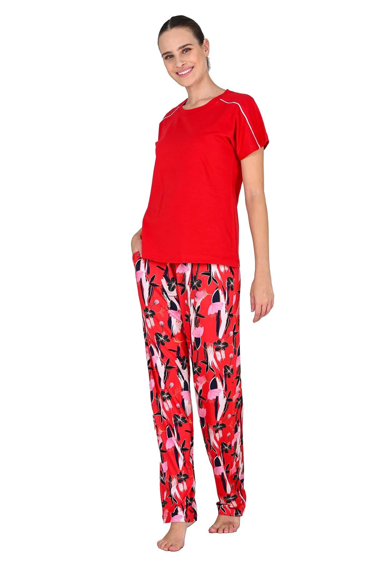Kadın Viskoz Kısa Kol Kırmızı Pijama Takımı 10217