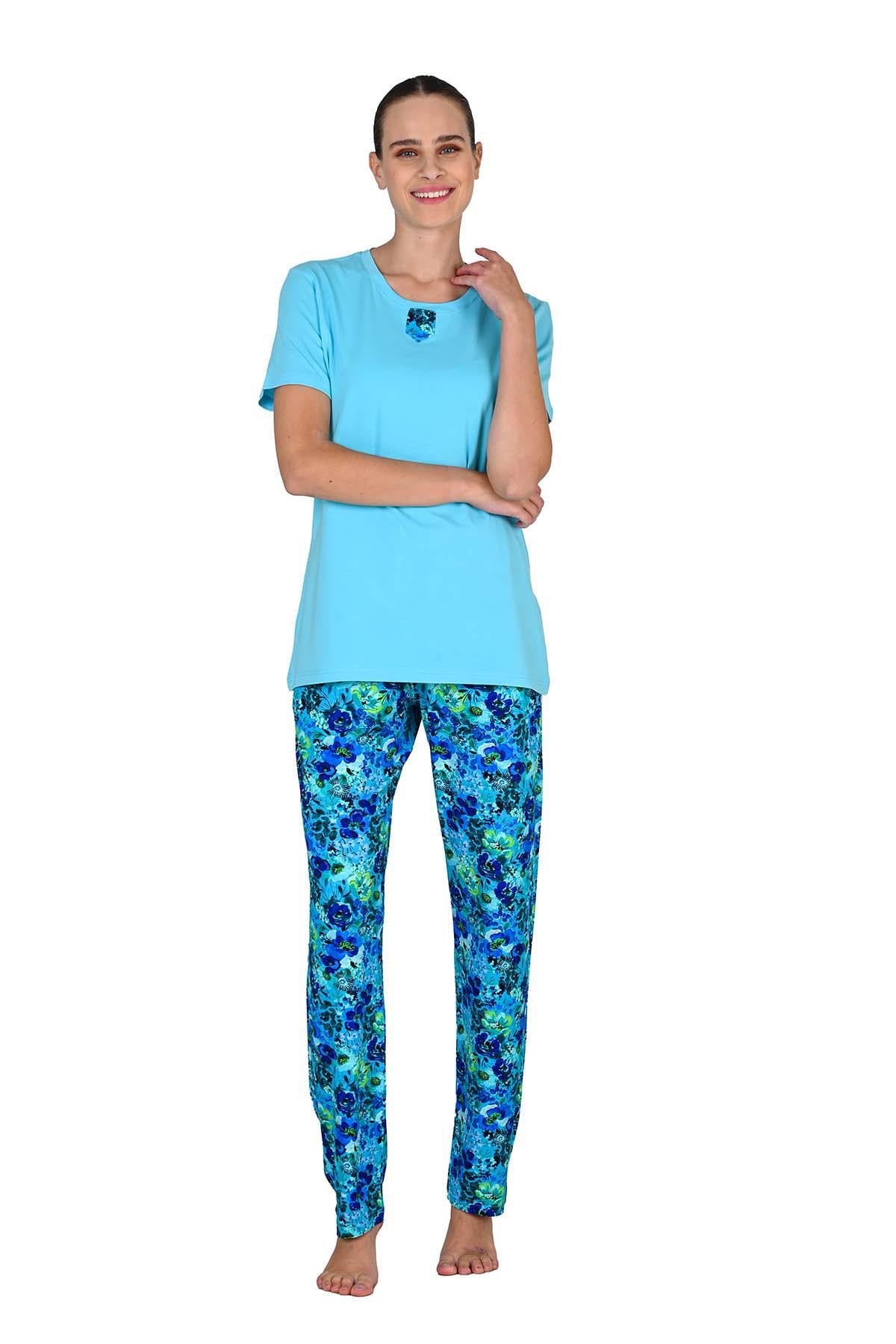 Kadın Viskoz Kısa Kol Mavi Pijama Takımı 10203