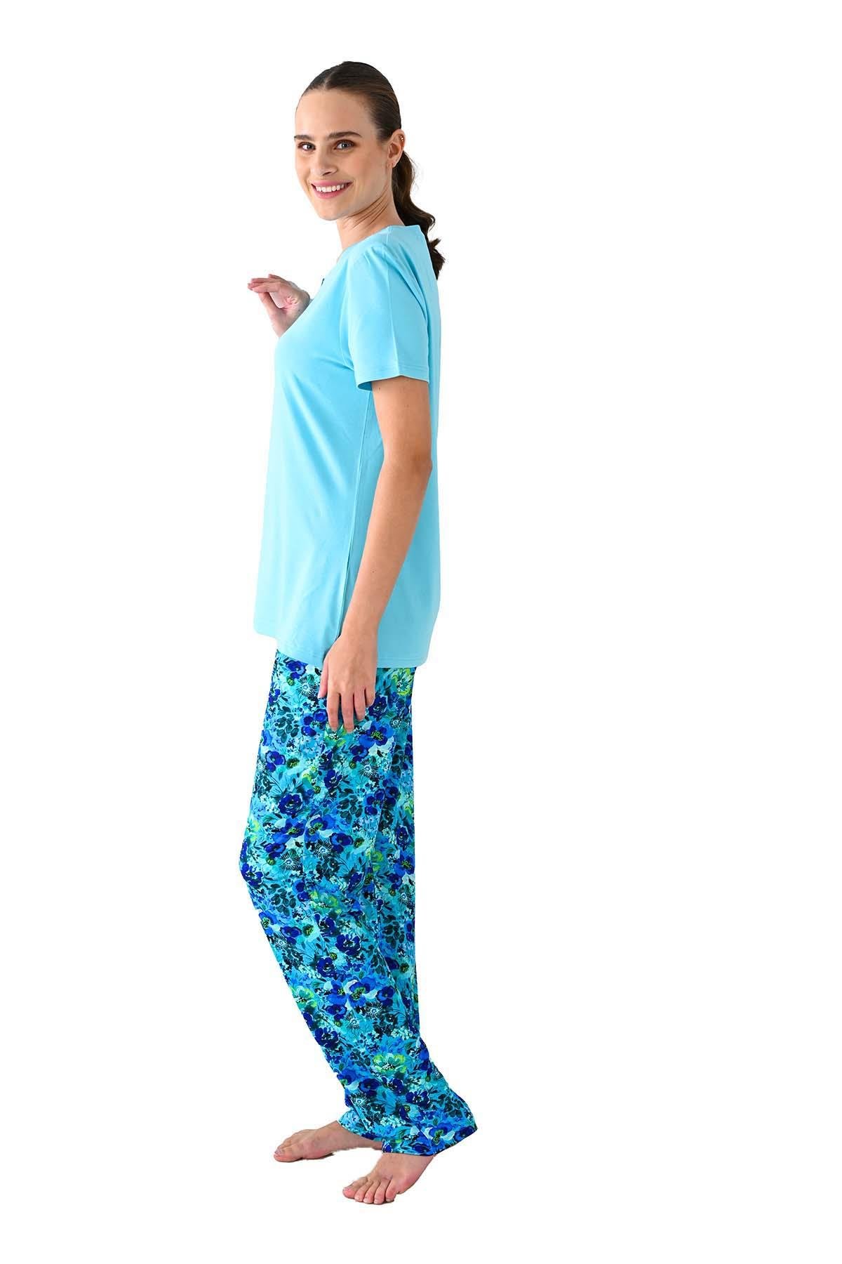 Kadın Viskoz Kısa Kol Mavi Pijama Takımı 10203
