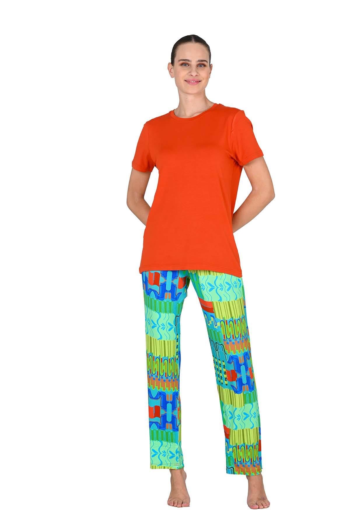 Kadın Viskoz Kısa Kol Turuncu Pijama Takımı 10220