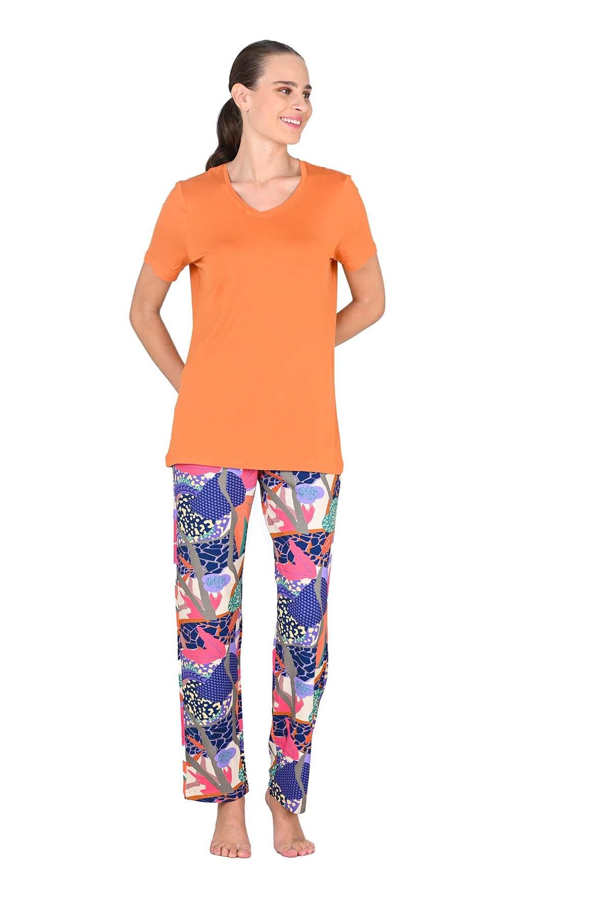 Kadın Viskoz Kısa Kol Turuncu Pijama Takımı 10202 