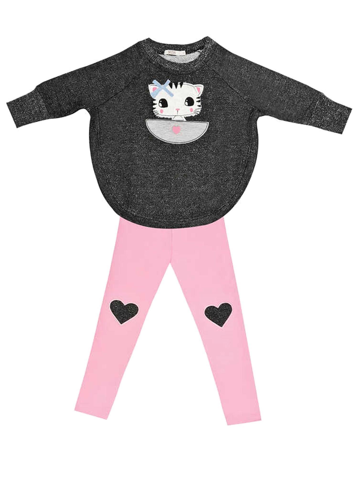 Denokids Kız Çocuk Sevgili Kedicik Sweatshirt Tayt Takım Gri Pembe MS-18S1-172