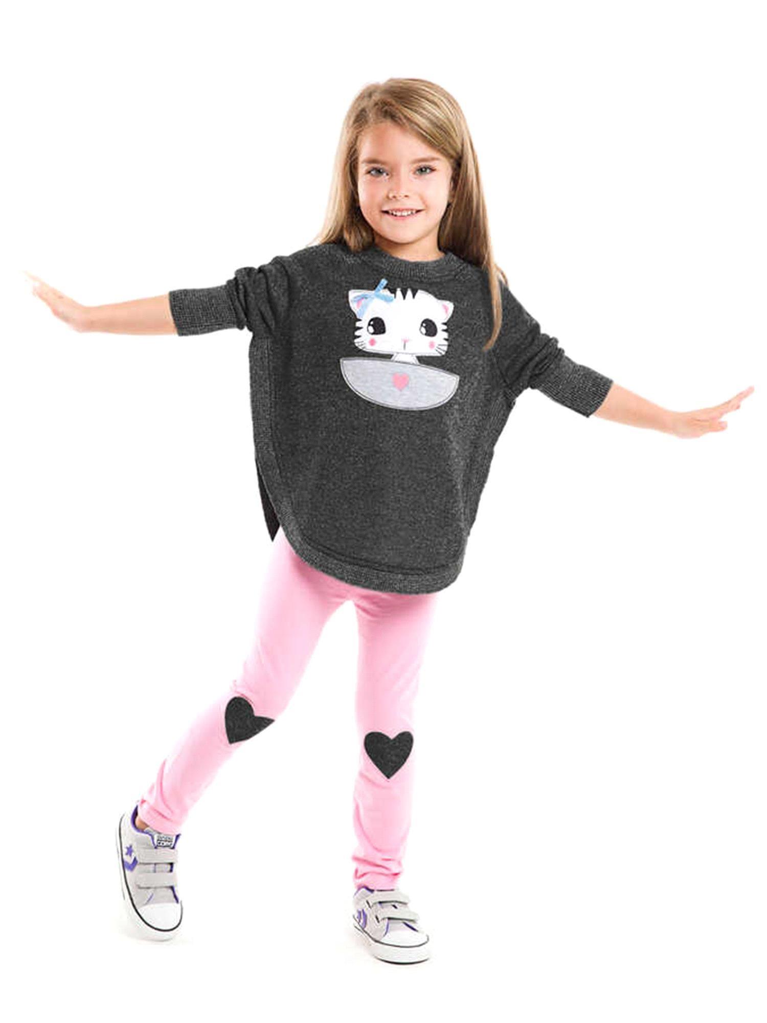 Denokids Kız Çocuk Sevgili Kedicik Sweatshirt Tayt Takım Gri Pembe MS-18S1-172