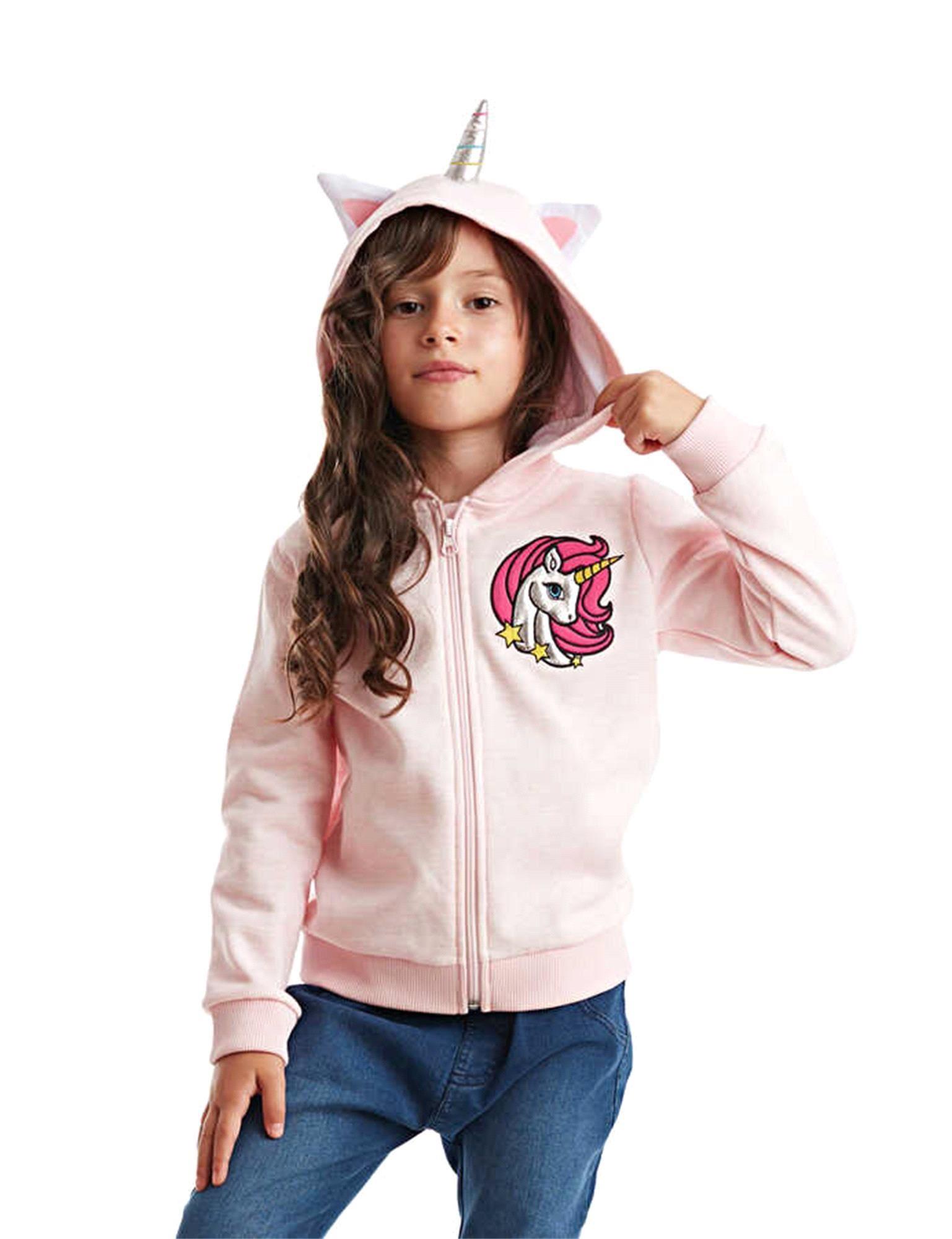 Denokids Kız Çocuk Unicorn Kapişonlu Fermuarlı Sweatshirt Pembe CFF-19K1-051