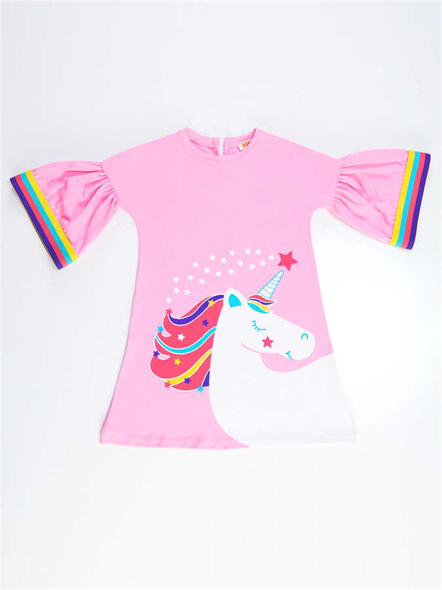Denokids Kız Çocuk Unicorn Star Elbise Pembe CFF-21Y2-005