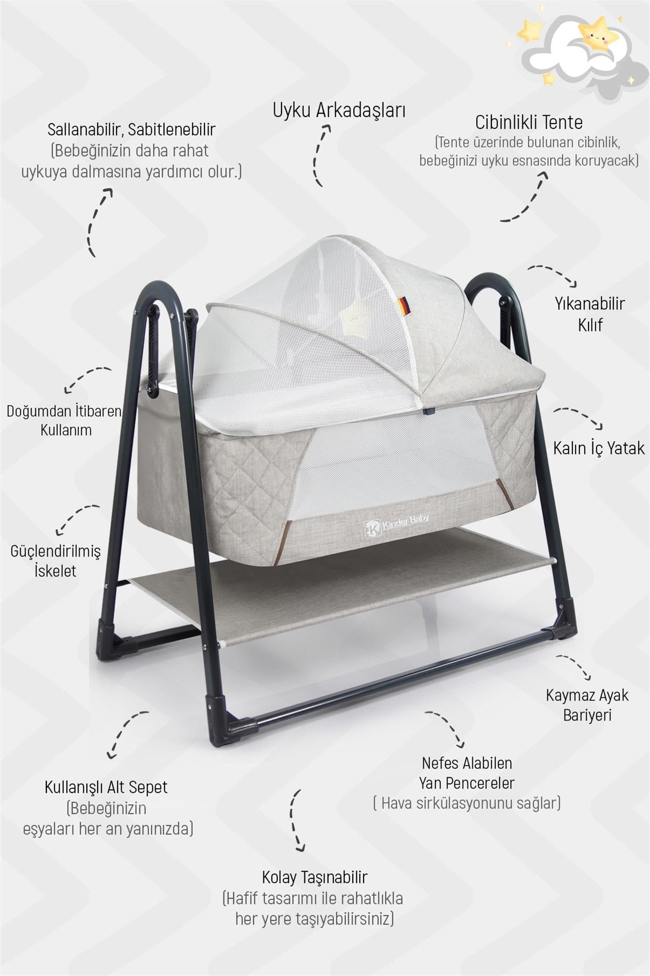 Kinder Baby Woolly Portatif Sallanır Anne Yanı Beşik Gri Knd1020