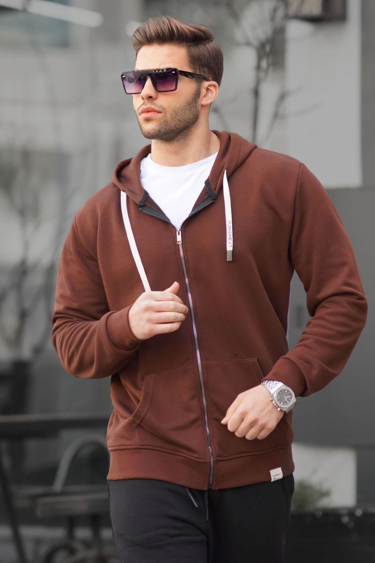 Acı Kahve Fermuarlı Kapüşonlu Sweatshirt 6161