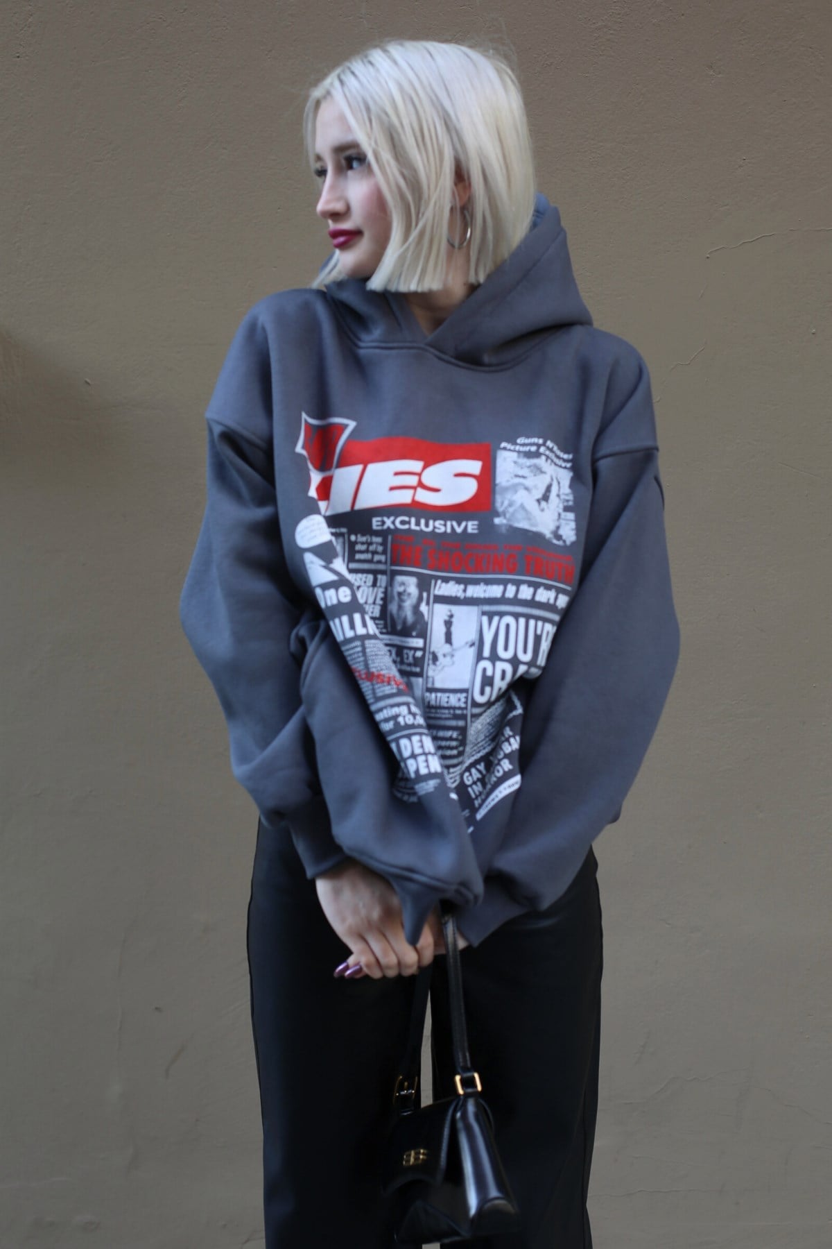 Antrasit Baskılı Oversize Kapüşonlu  Kadın Sweatshirt MG1581