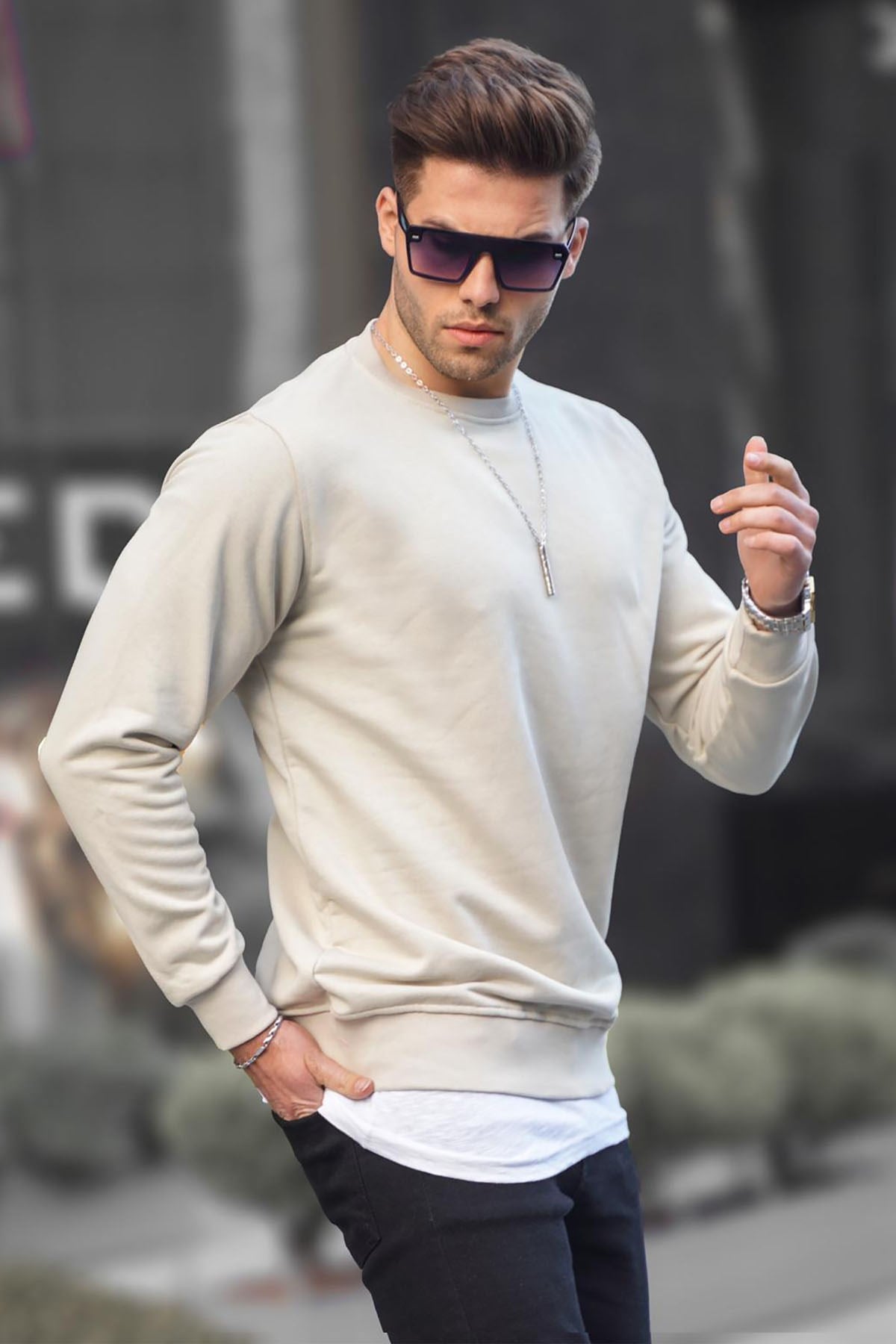 Bej Basic Bisiklet Yaka Erkek Sweatshirt 6047