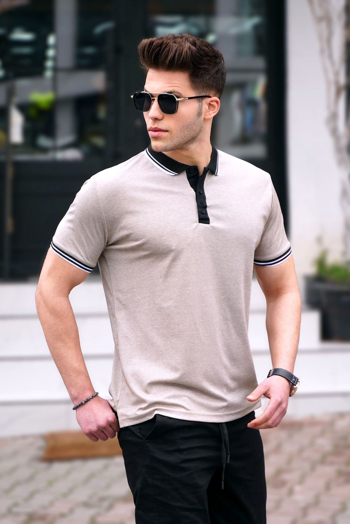 Bej Basic Erkek polo Yaka Tişört