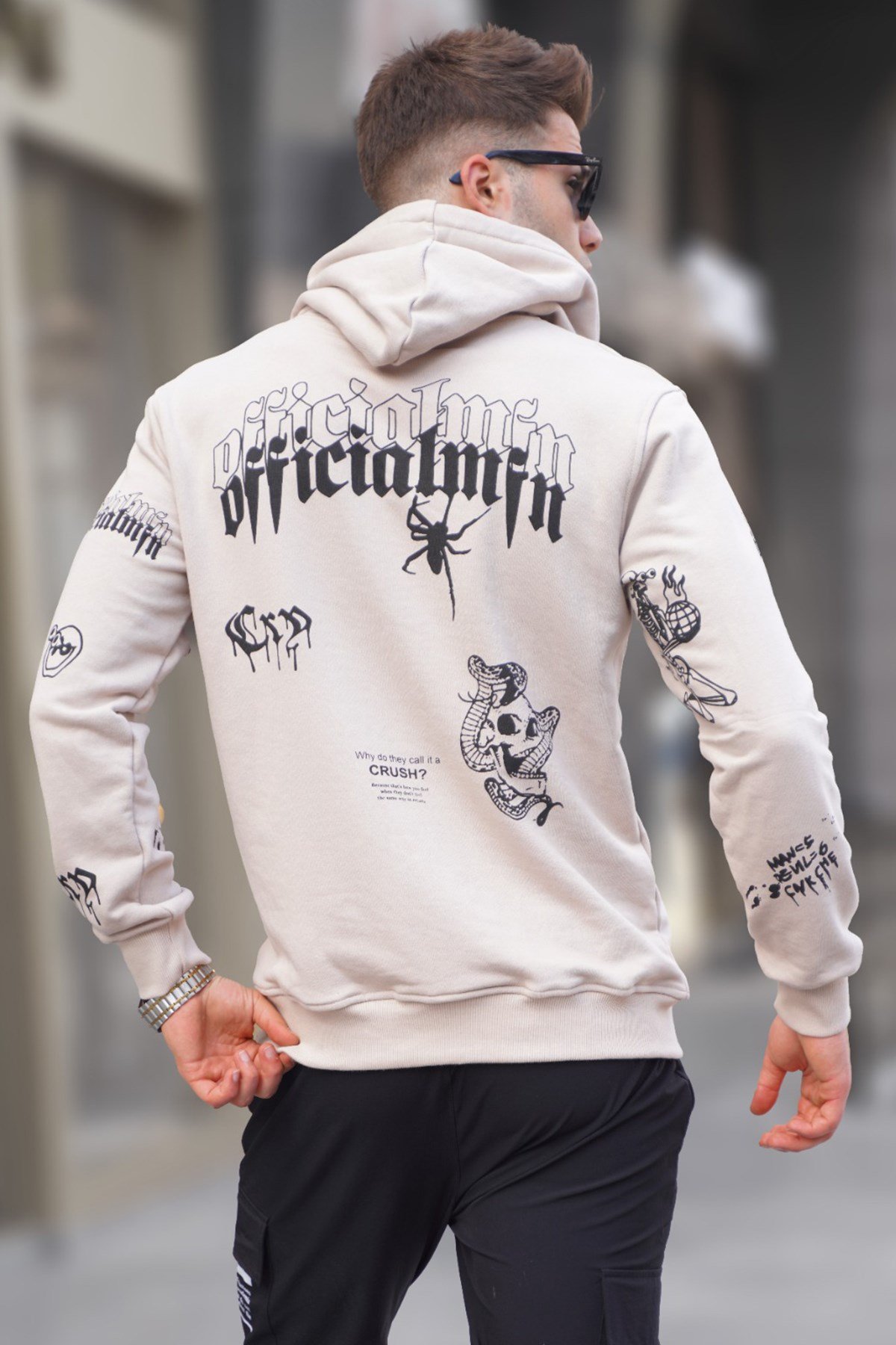 Bej Baskılı Kapüşonlu Sweatshirt 5895