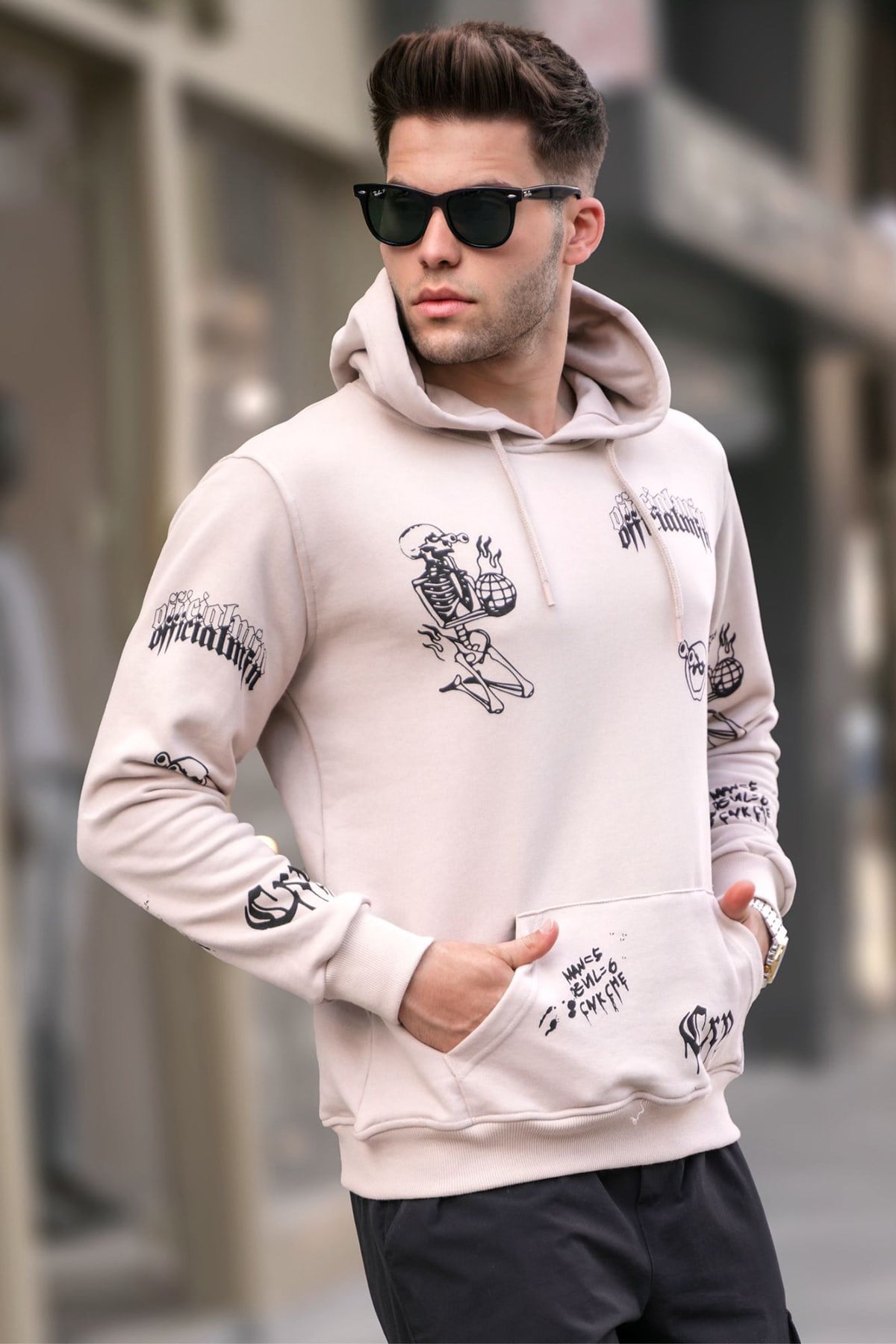 Bej Baskılı Kapüşonlu Sweatshirt 5895