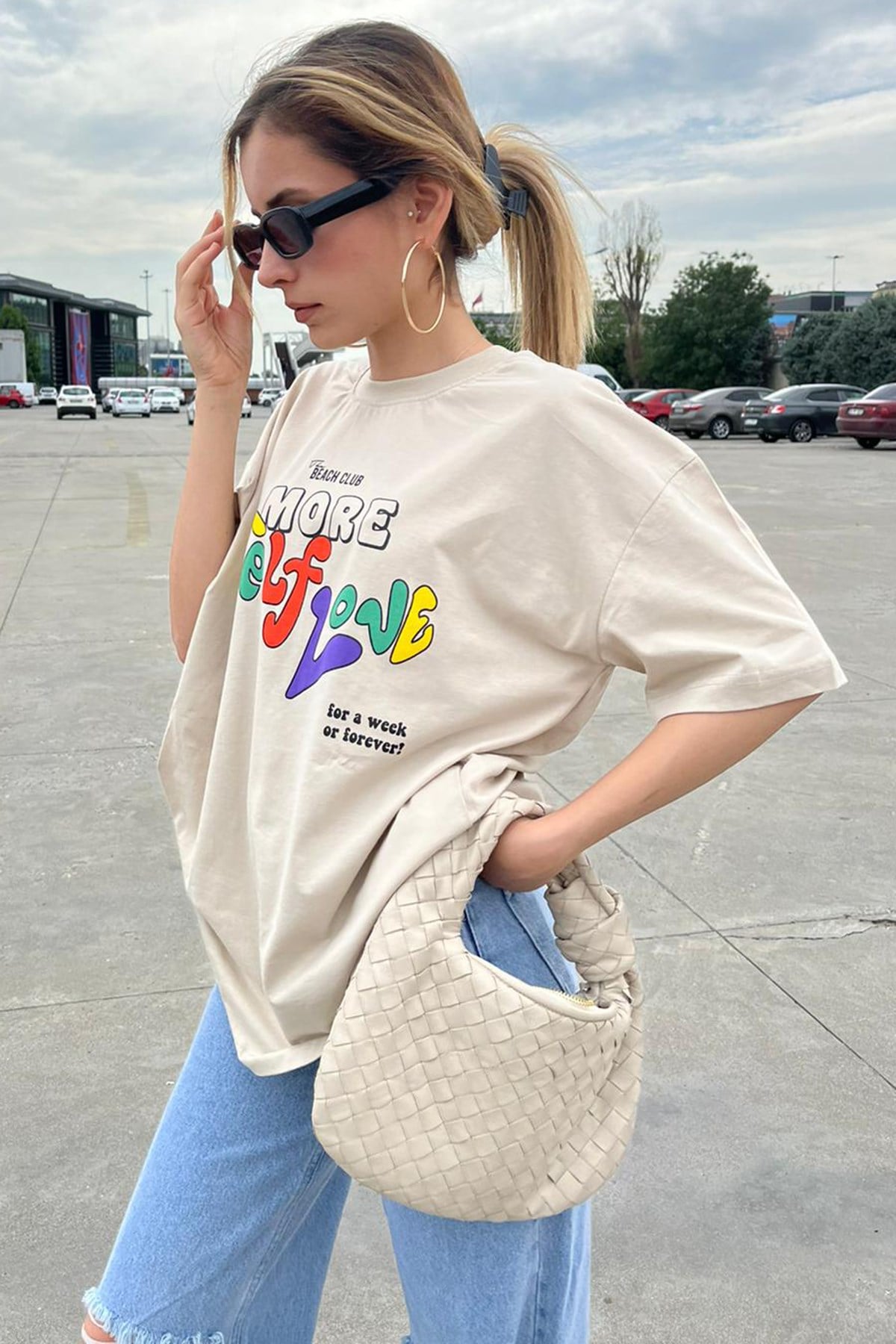 Bej Baskılı Oversize Tişört MG1522