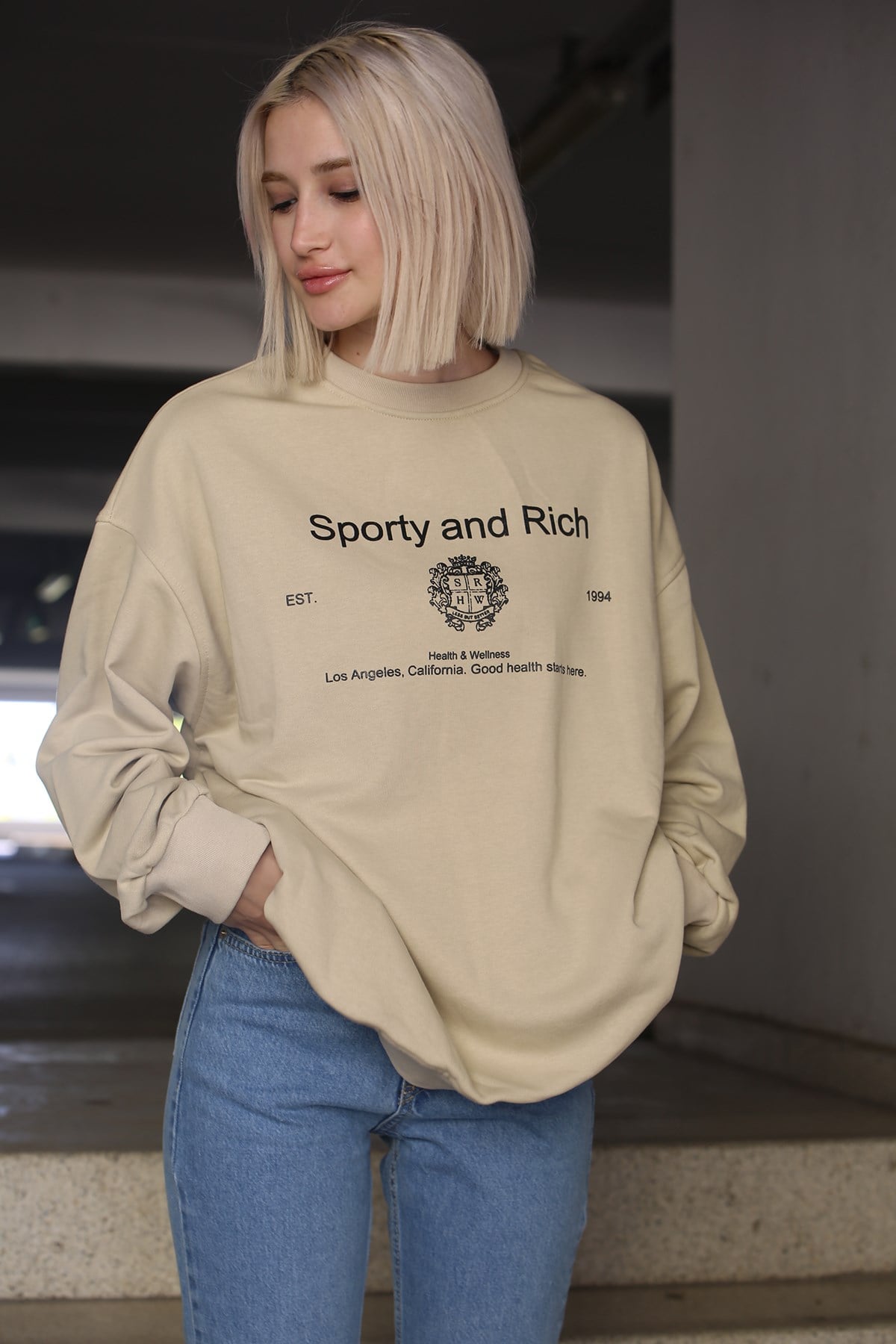 Bej Bisiklet Yaka Baskılı Oversize Kadın Sweatshirt MG1577