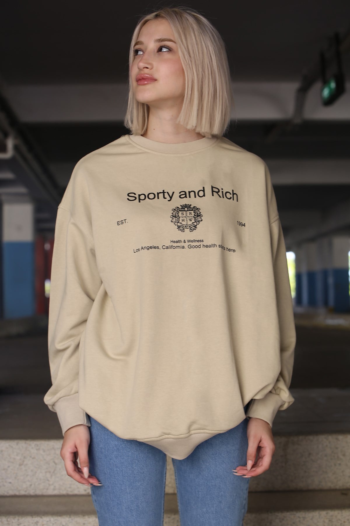 Bej Bisiklet Yaka Baskılı Oversize Kadın Sweatshirt MG1577