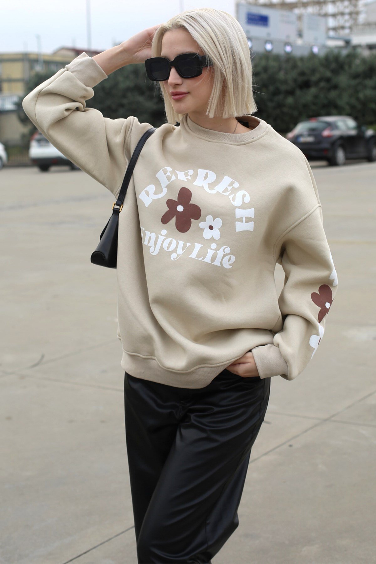 Beige Crewneck Printed Sweatshirt MG1572