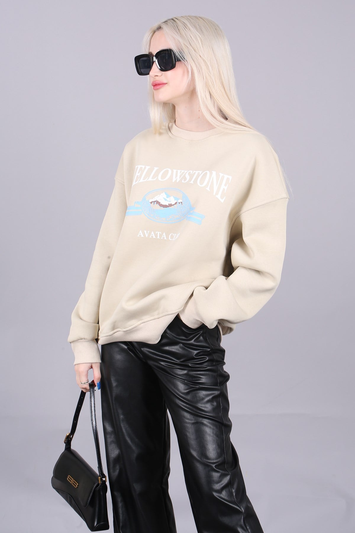 Bej Bisiklet Yaka Baskılı Sweatshirt MG1571