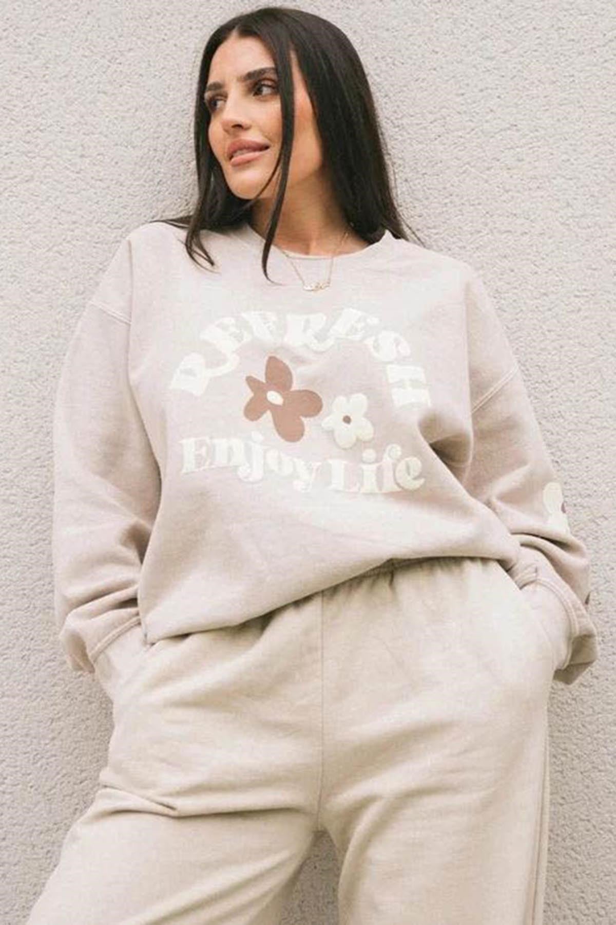 Bej Bisiklet Yaka Baskılı Sweatshirt MG1572