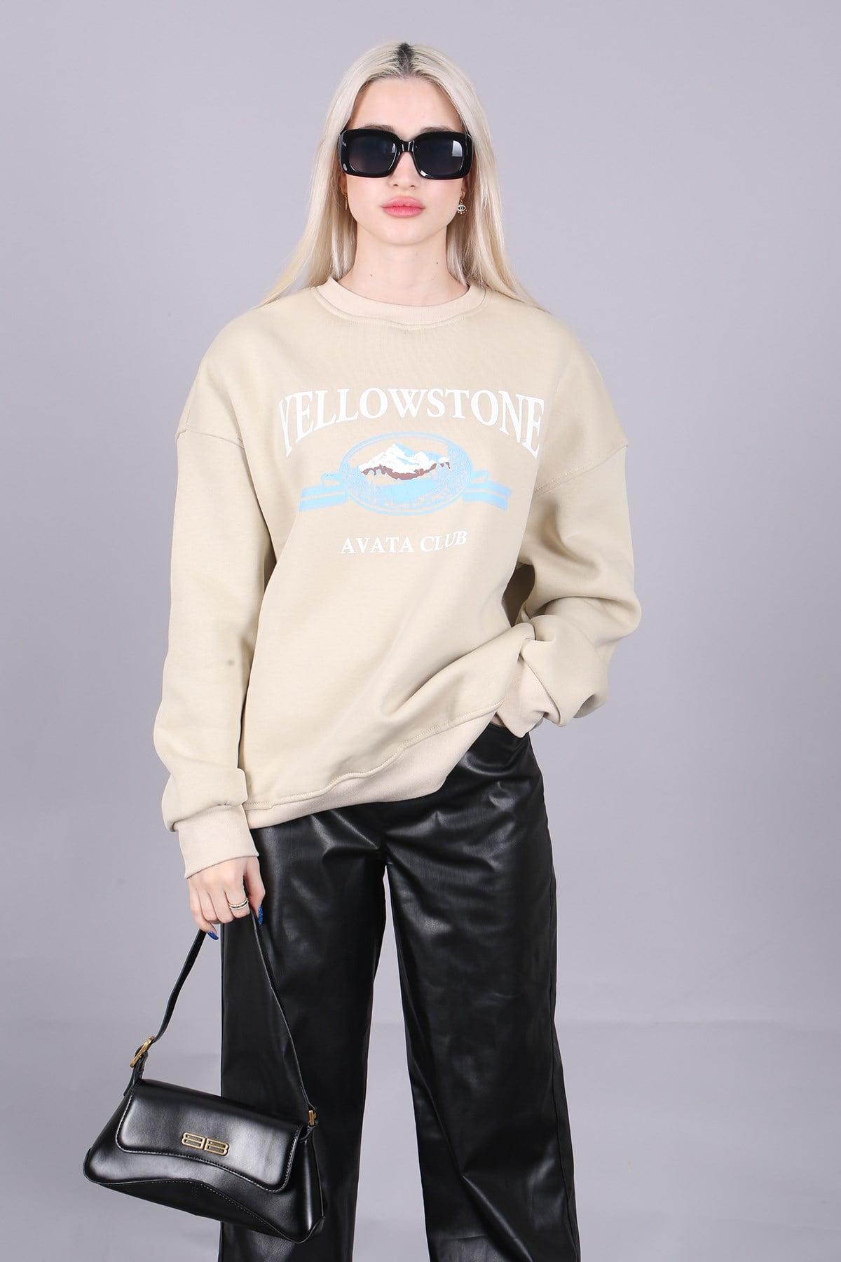 Bej Bisiklet Yaka Baskılı Sweatshirt MG1571
