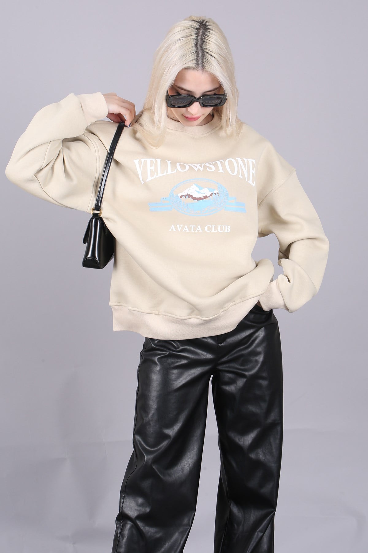 Bej Bisiklet Yaka Baskılı Sweatshirt MG1571