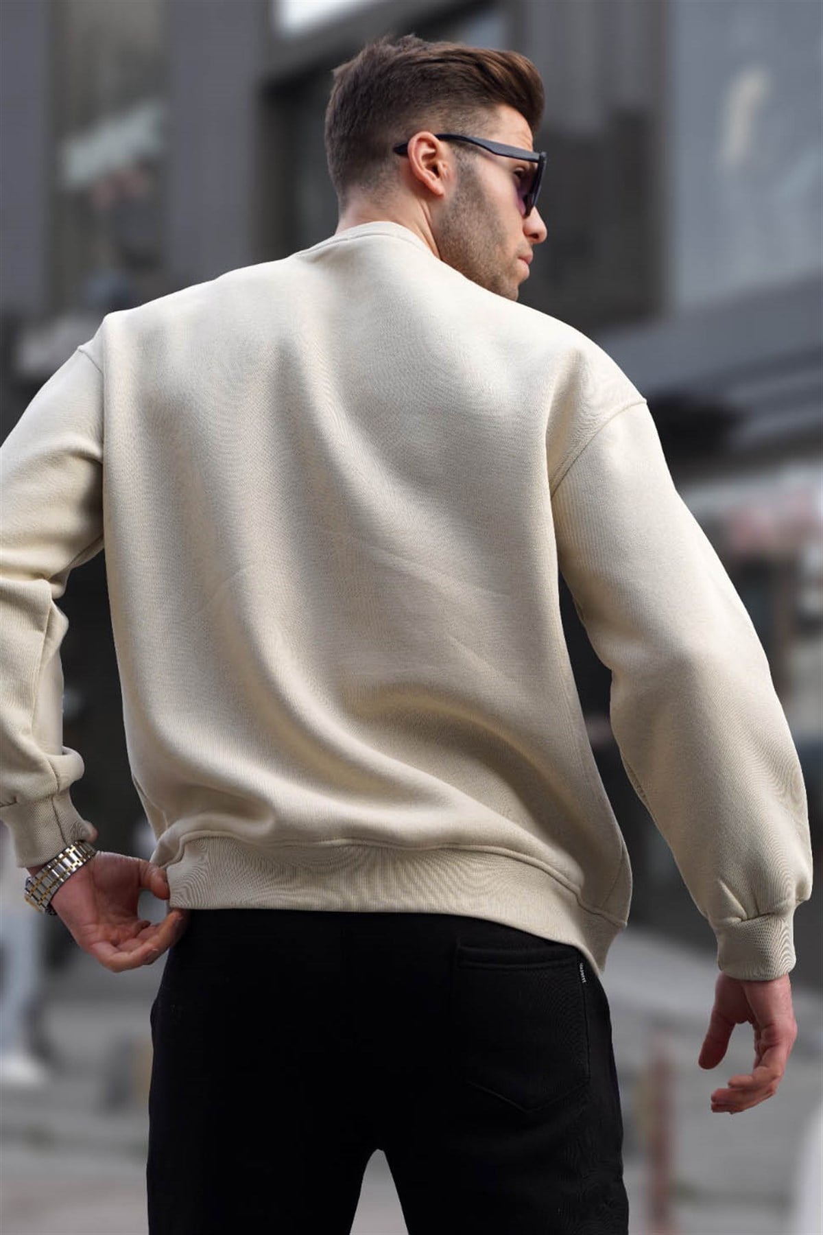 Bej Bisiklet Yaka Oversize Şardonlu Basic Erkek Sweatshirt 6048