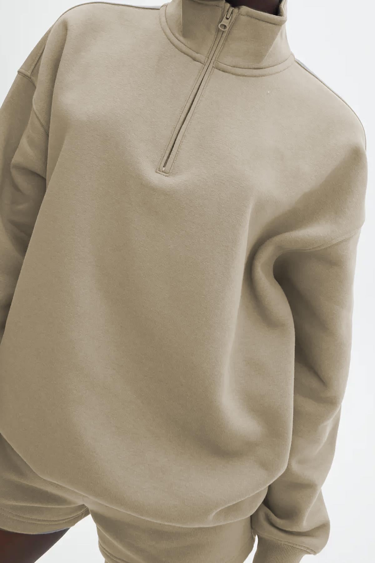 Bej Fermuar Detaylı Oversize Sweatshirt MG1933