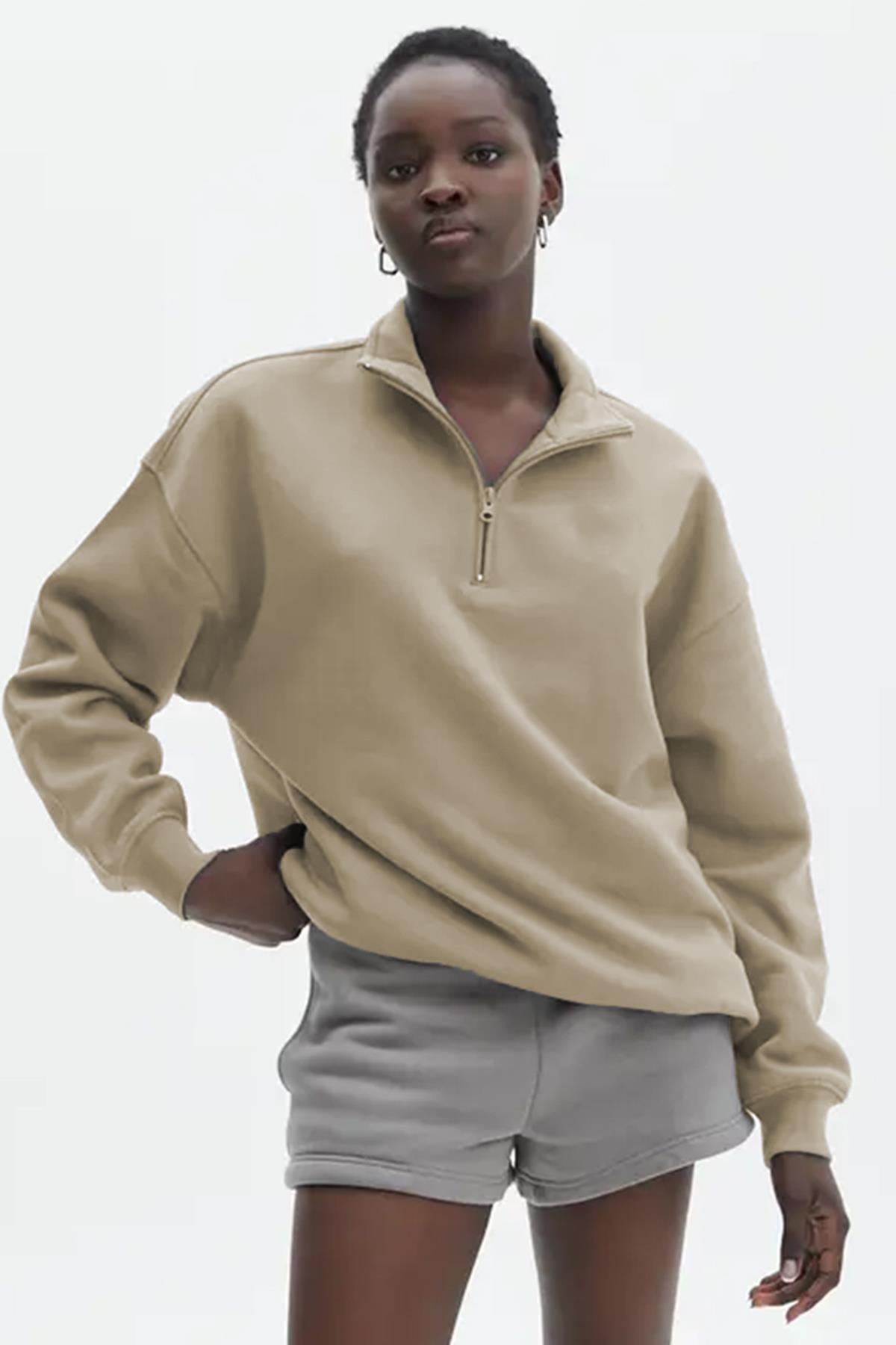 Bej Fermuar Detaylı Oversize Sweatshirt MG1933