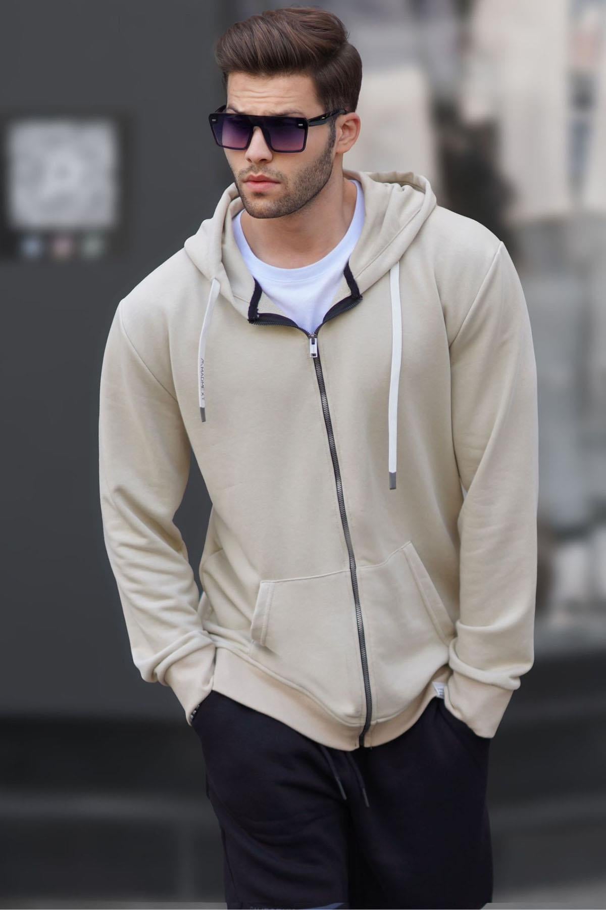 Bej Fermuarlı Kapüşonlu Sweatshirt 6161