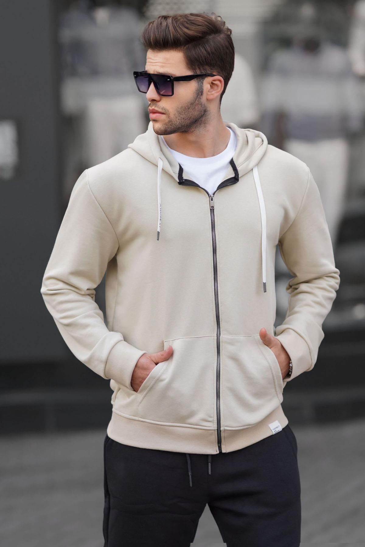 Bej Fermuarlı Kapüşonlu Sweatshirt 6161