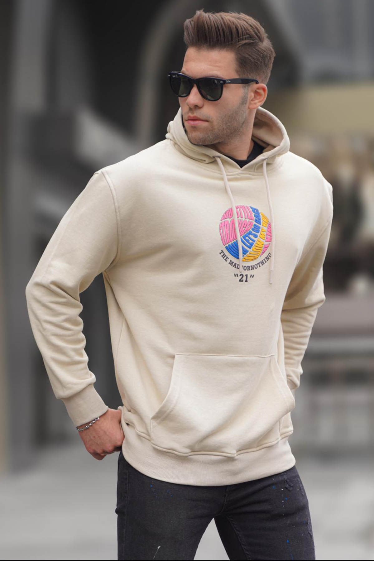 Bej Kabartma Baskılı Kapüşonlu Sweatshirt 6042