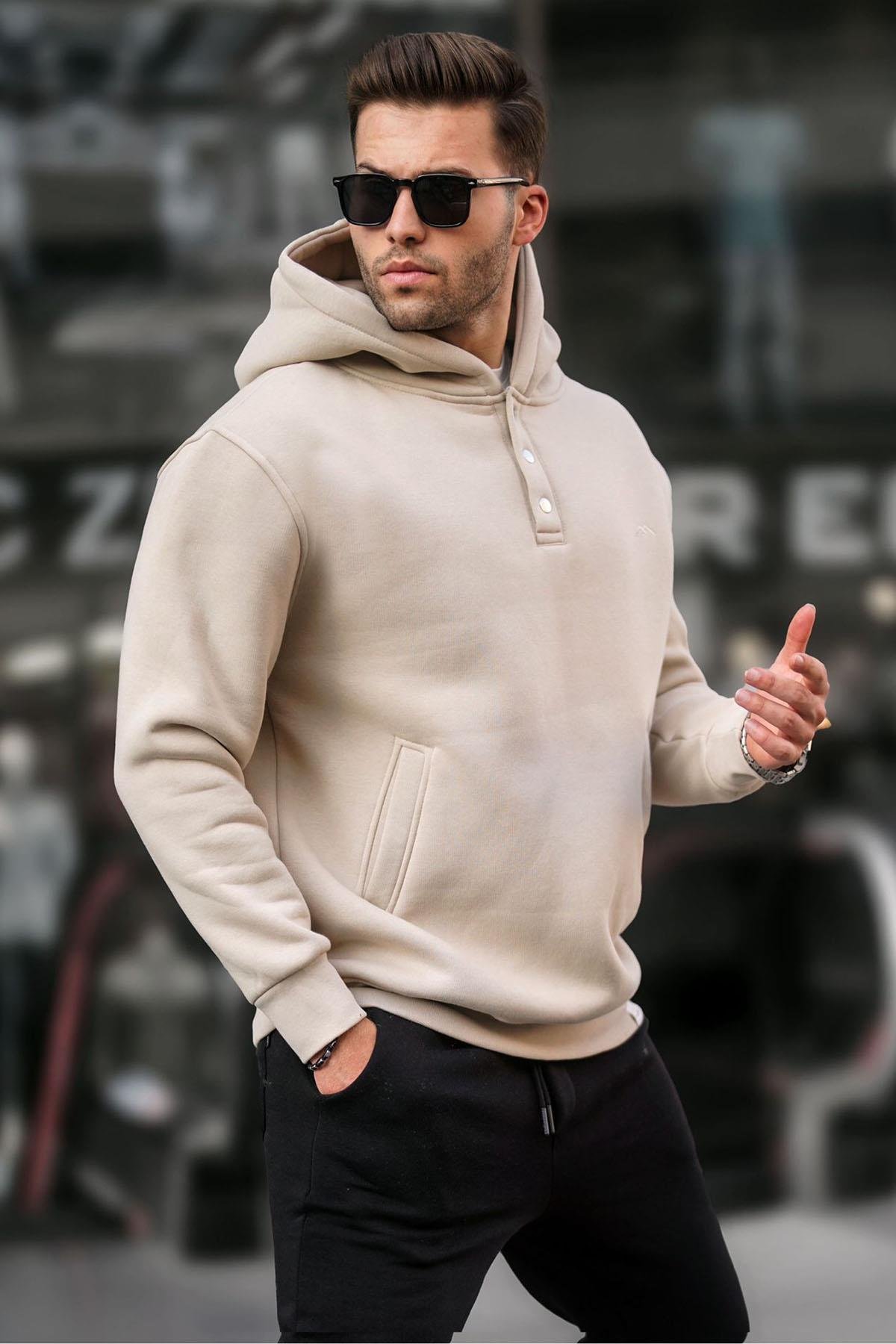 Bej Kapüşonlu Düğme Detaylı Sweatshirt 6150