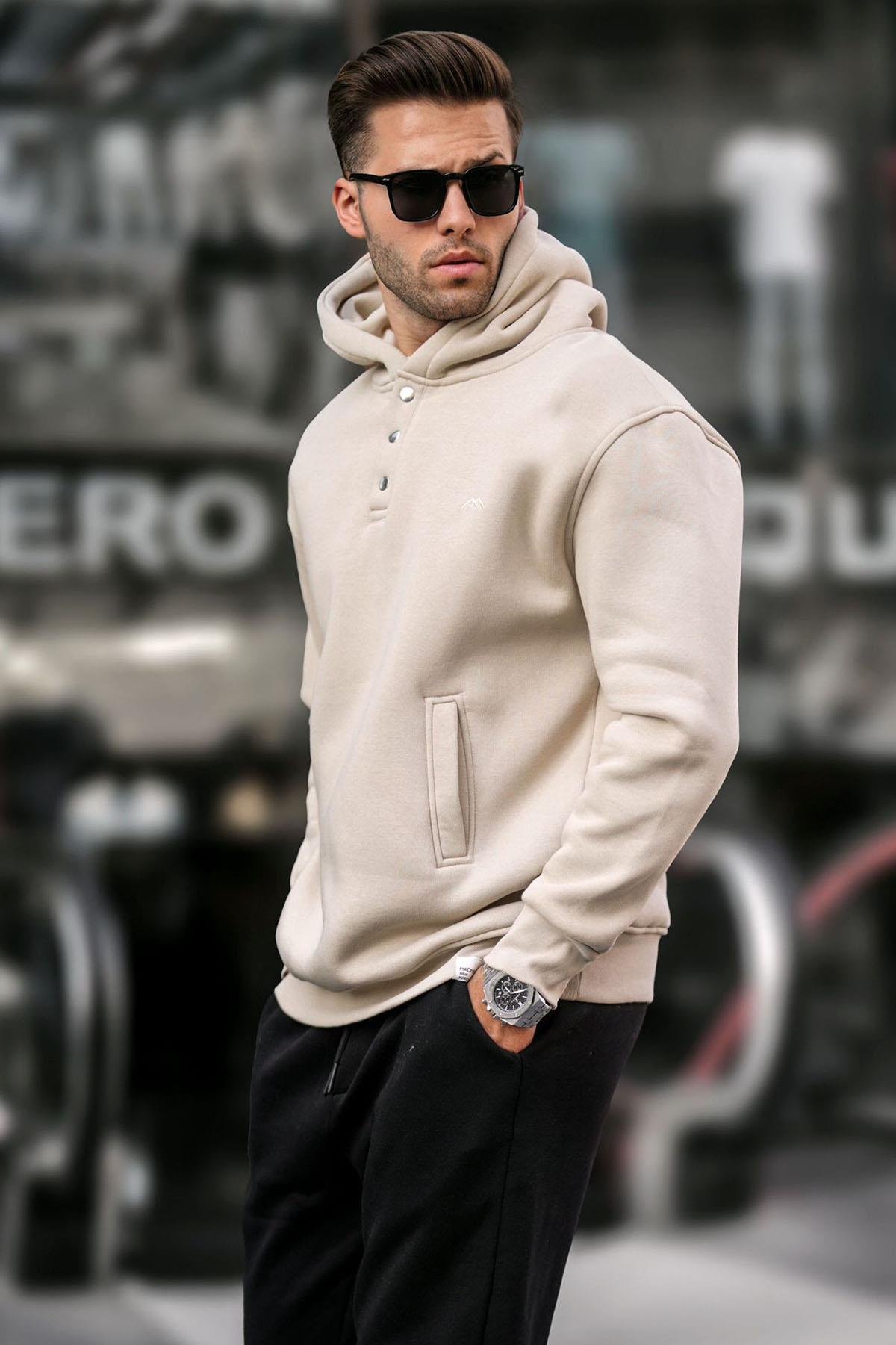 Bej Kapüşonlu Düğme Detaylı Sweatshirt 6150
