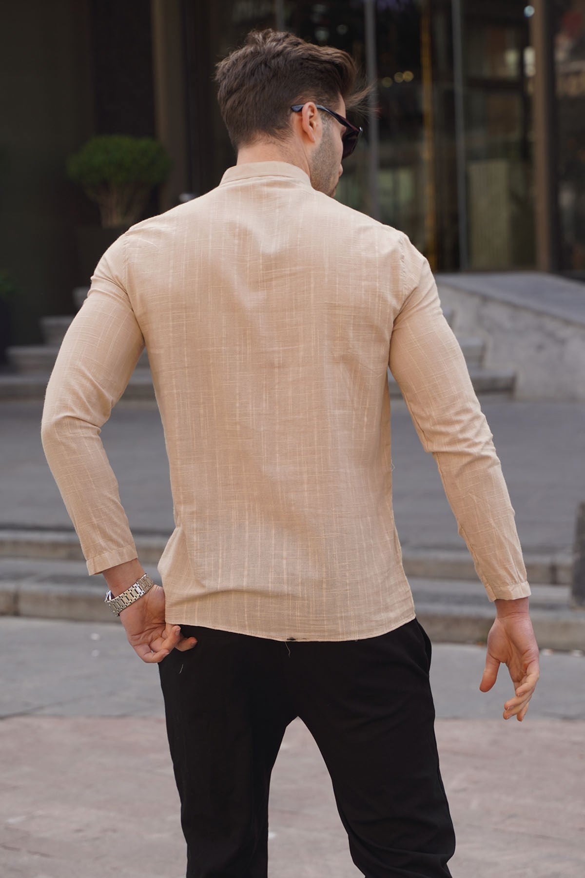 Bej Keten Regular Kalıp Erkek Gömlek 5586
