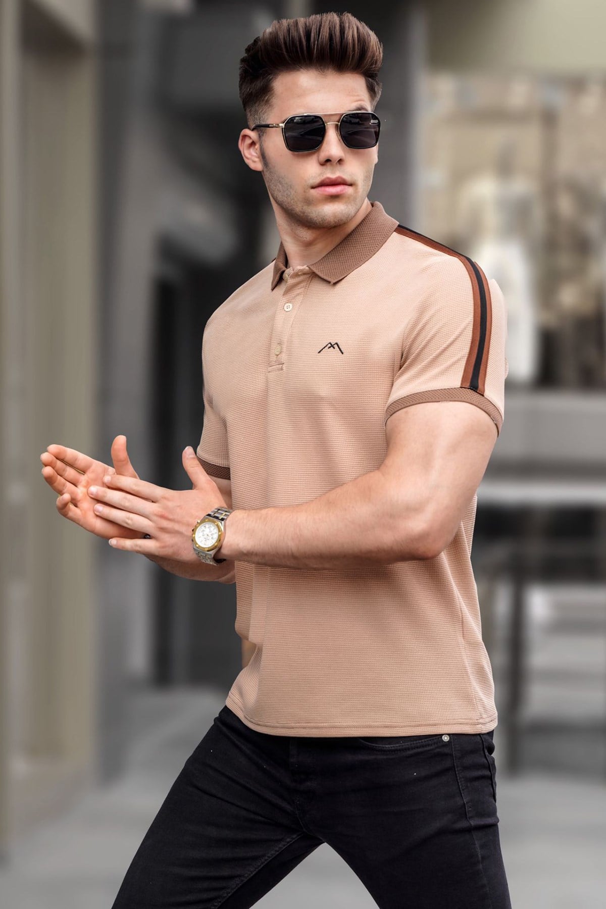 Bej Kol Şeritli Polo Yaka Tişört 5888