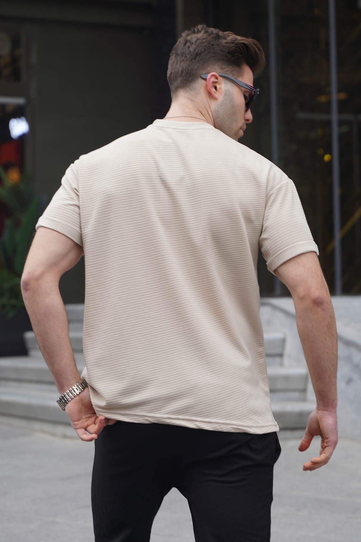 Bej Likralı Basic Erkek Tişört 6060