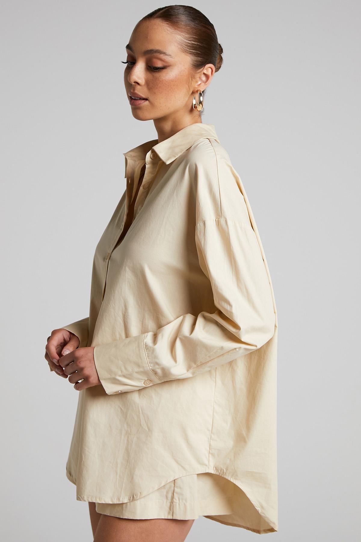 Bej Oversize Basic Kadın Gömlek MG1794