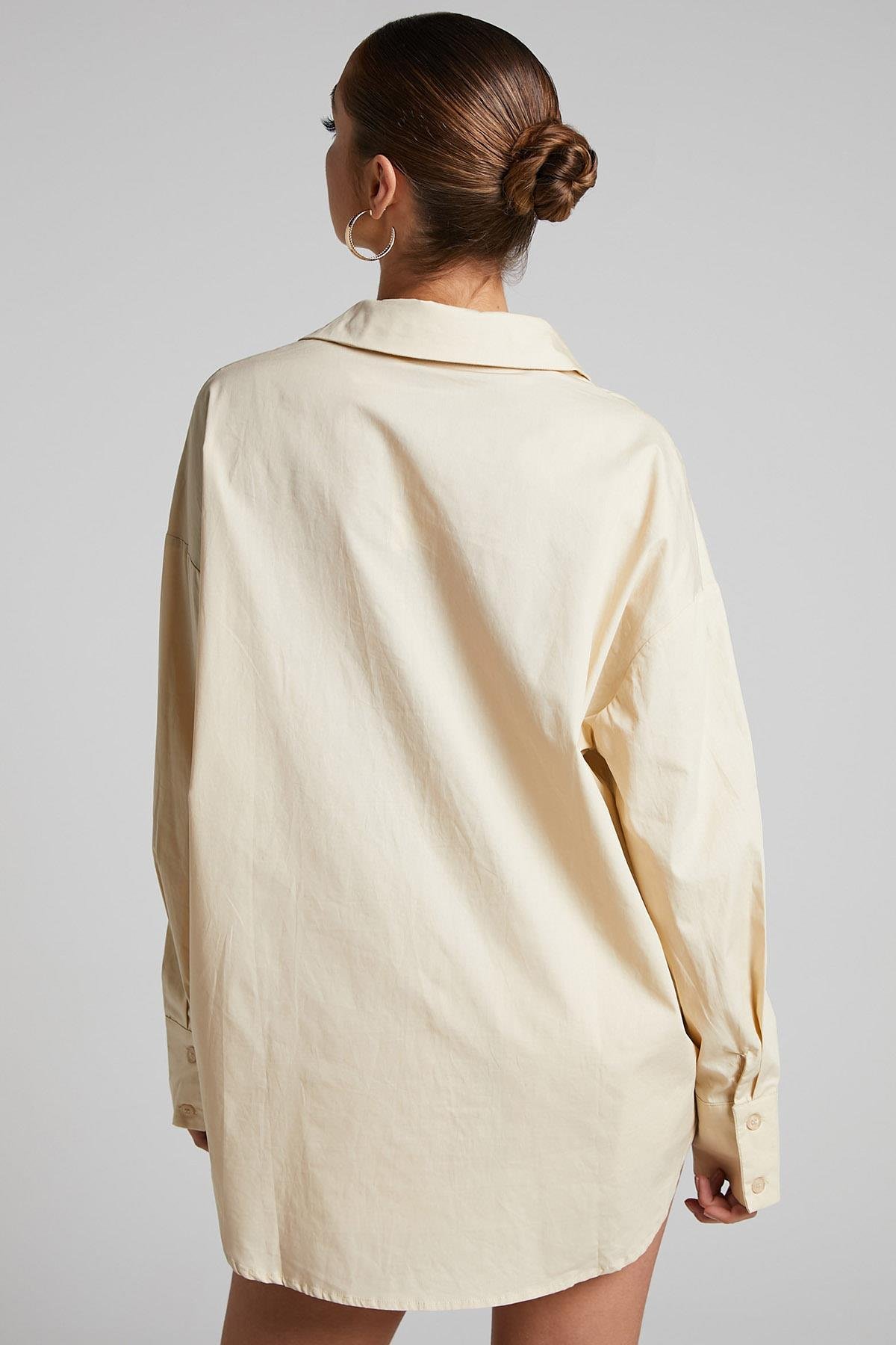 Bej Oversize Basic Kadın Gömlek MG1794