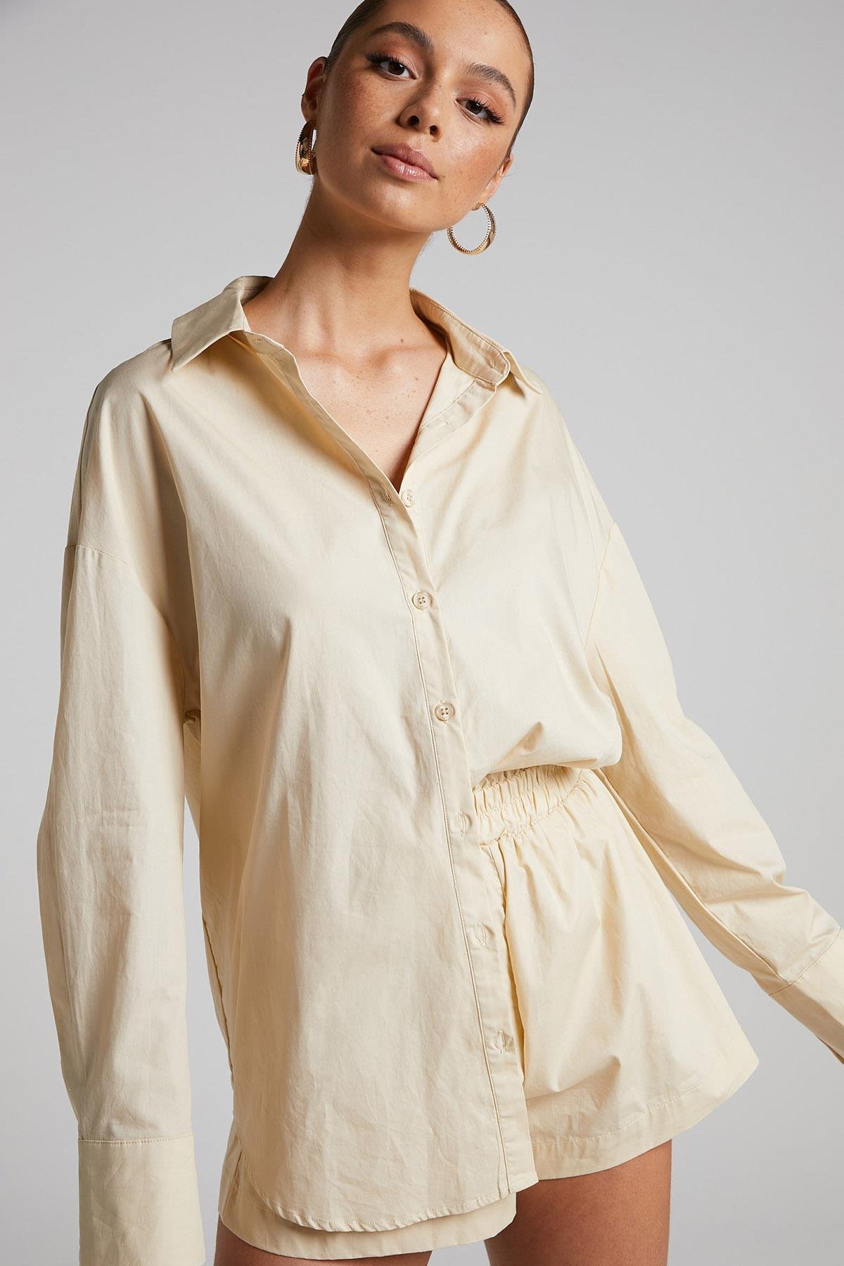Bej Oversize Basic Kadın Gömlek MG1794