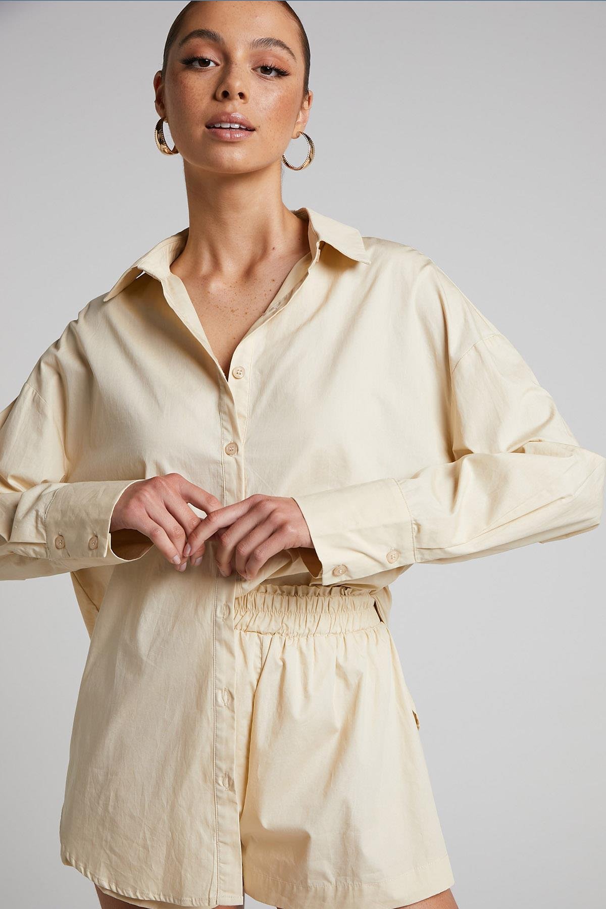 Bej Oversize Basic Kadın Gömlek MG1794