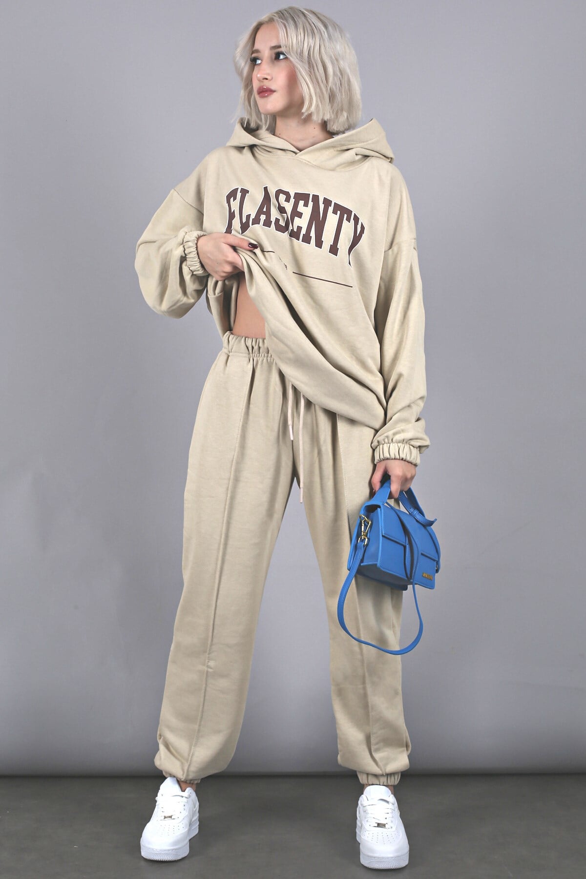 Bej Oversize Baskılı Eşofman Takım MG1561