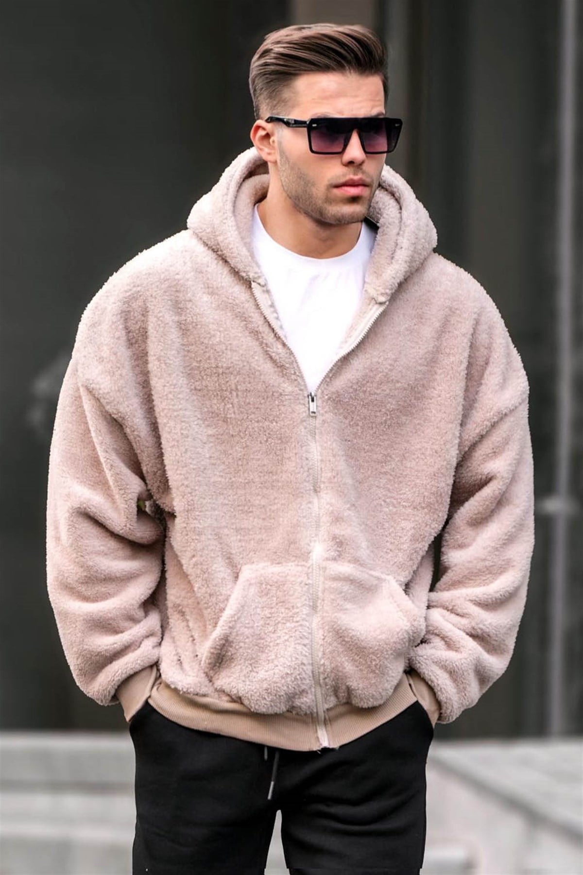 Bej Peluş Over Fit Kapüşonlu Fermuarlı Erkek Sweatshirt 6049